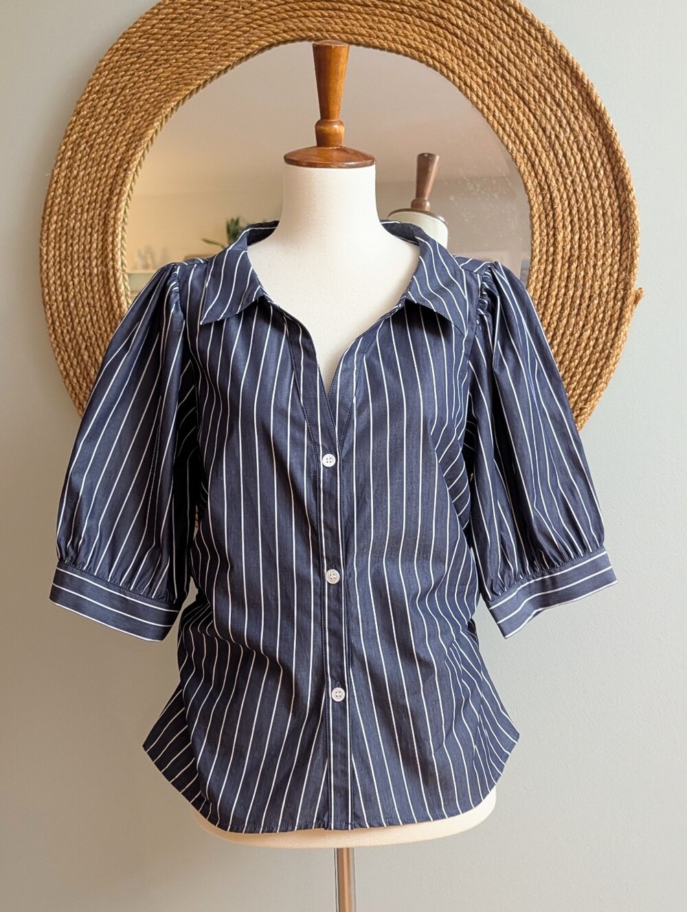 Rebecca Taylor Isla Stripe Poplin Shirt in Navy Stripe - Picture 4 of 8